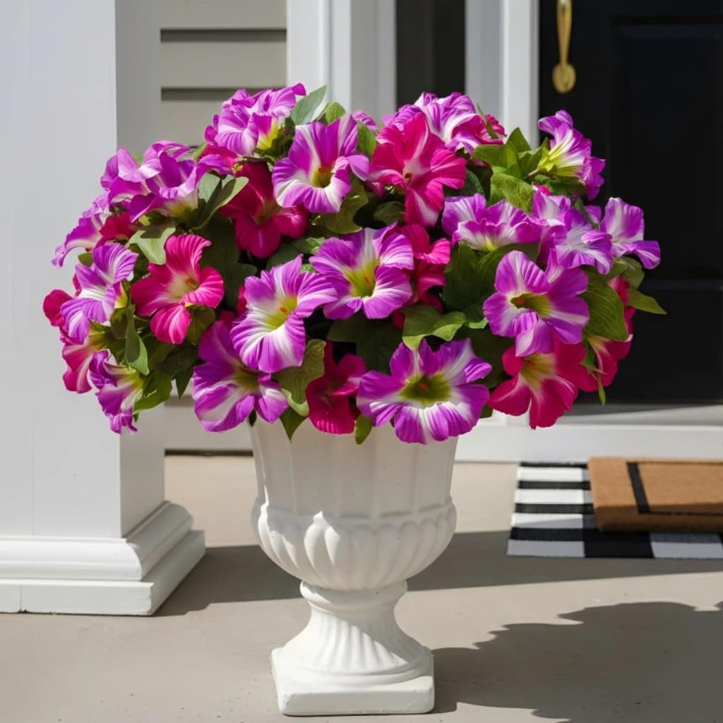 Artificial Flowers for Outdoors, 10 Bundles Realistic Fake Outdoor Flowers, UV Resistant Silk Petunia Flower for Outside Look Real Faux Flower Plants for Outdoor Porch Decor, Purple White