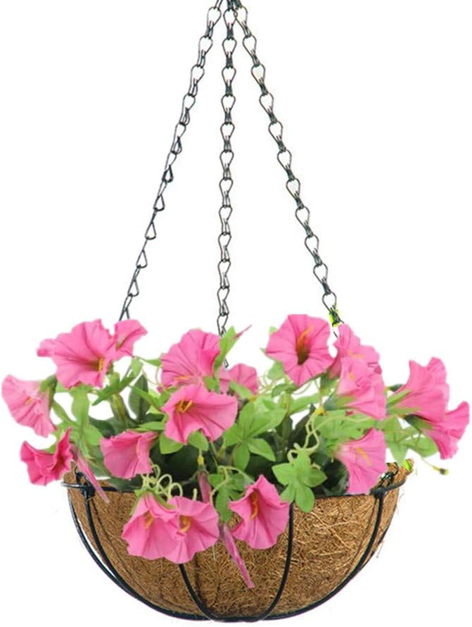 Hanging Basket Artificial Flowers Morning Glory for Balcony Outdoor Decoration, Rose Red (Big Basket and Artificial Flowers)