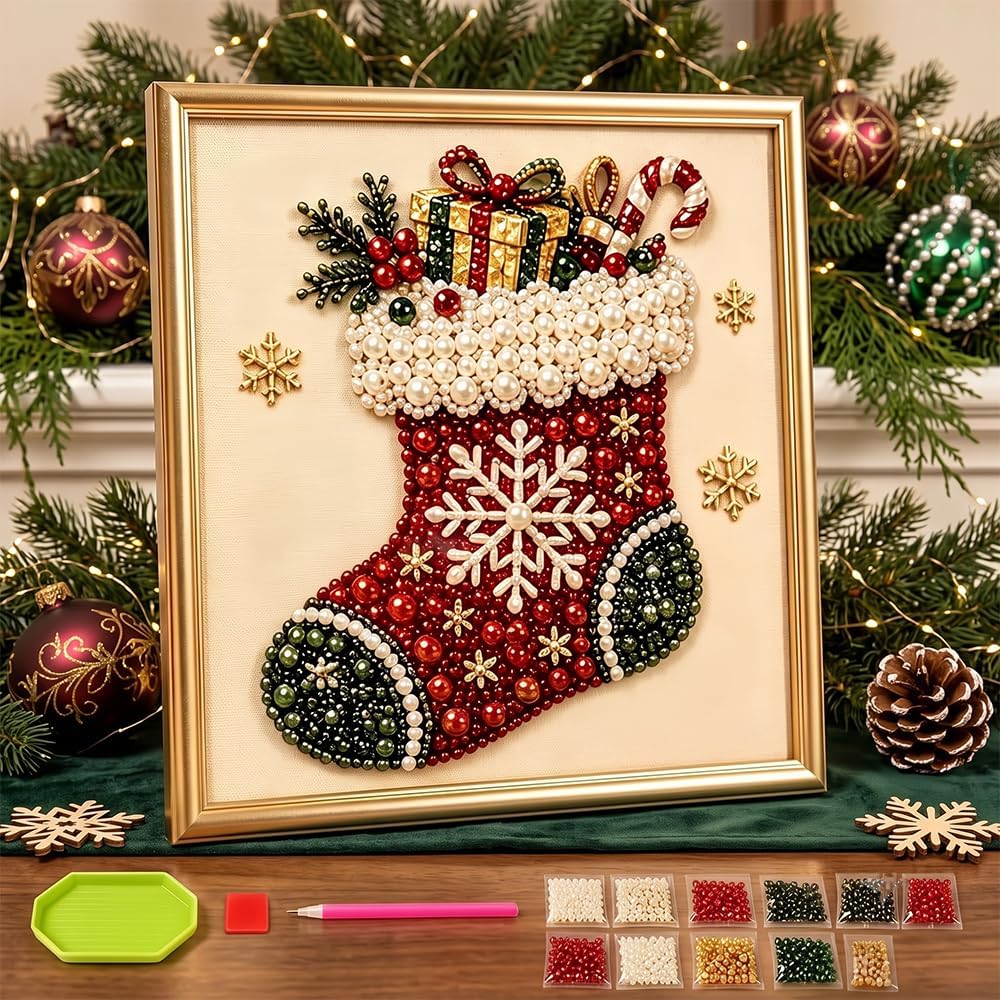 DIY Christmas Pearl Diamond Painting Art Kit with Frame, Festive Handmade Home Wall Decor