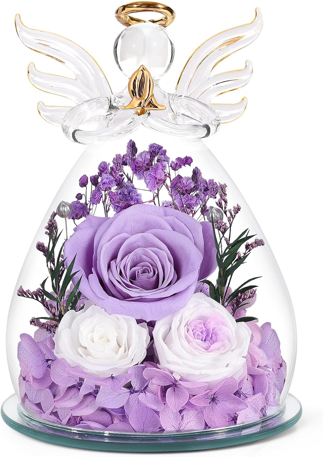 Gifts for Mom Birthday Gifts for Women Preserved Rose Forever Flower in Glass Angel Figurines Fresh Flowers for Delivery Anniversary Mothers Day Real Colorful Roses for Grandma Her Wife from Daughter