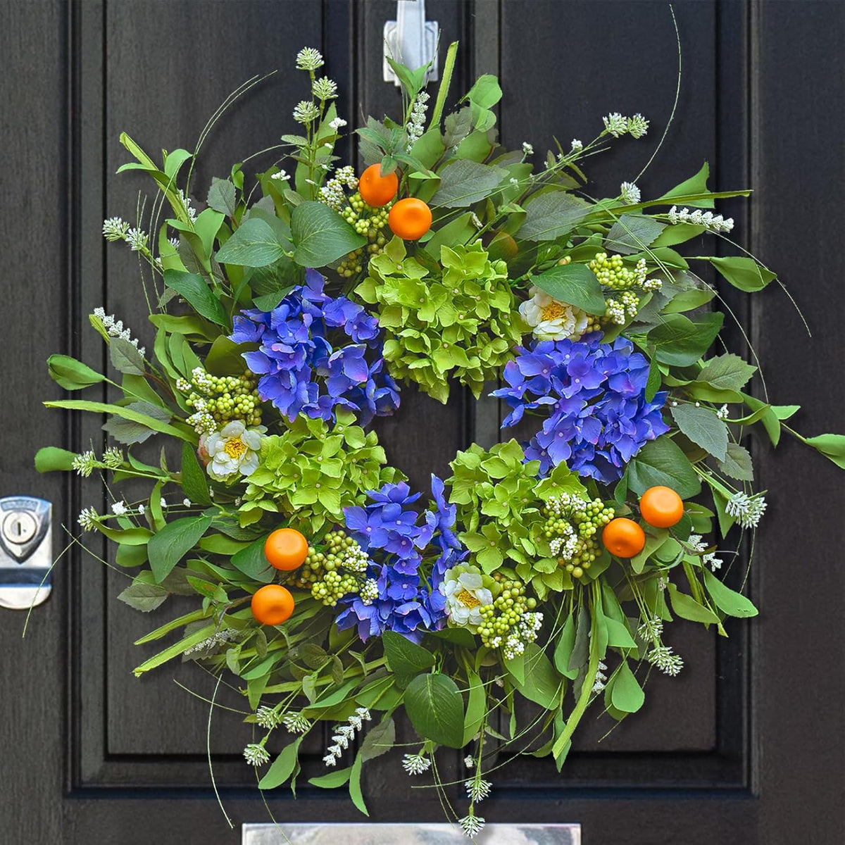 Spring Wreaths for Front Door 24 Inch, Summer Wreath Outdoor,Silk Hydrangea Wreath with White Blossoms & Mini Mandarins, Rustic Farmhouse Indoor & Outdoor Seasonal Wreath, Spring&Summer Home Decor