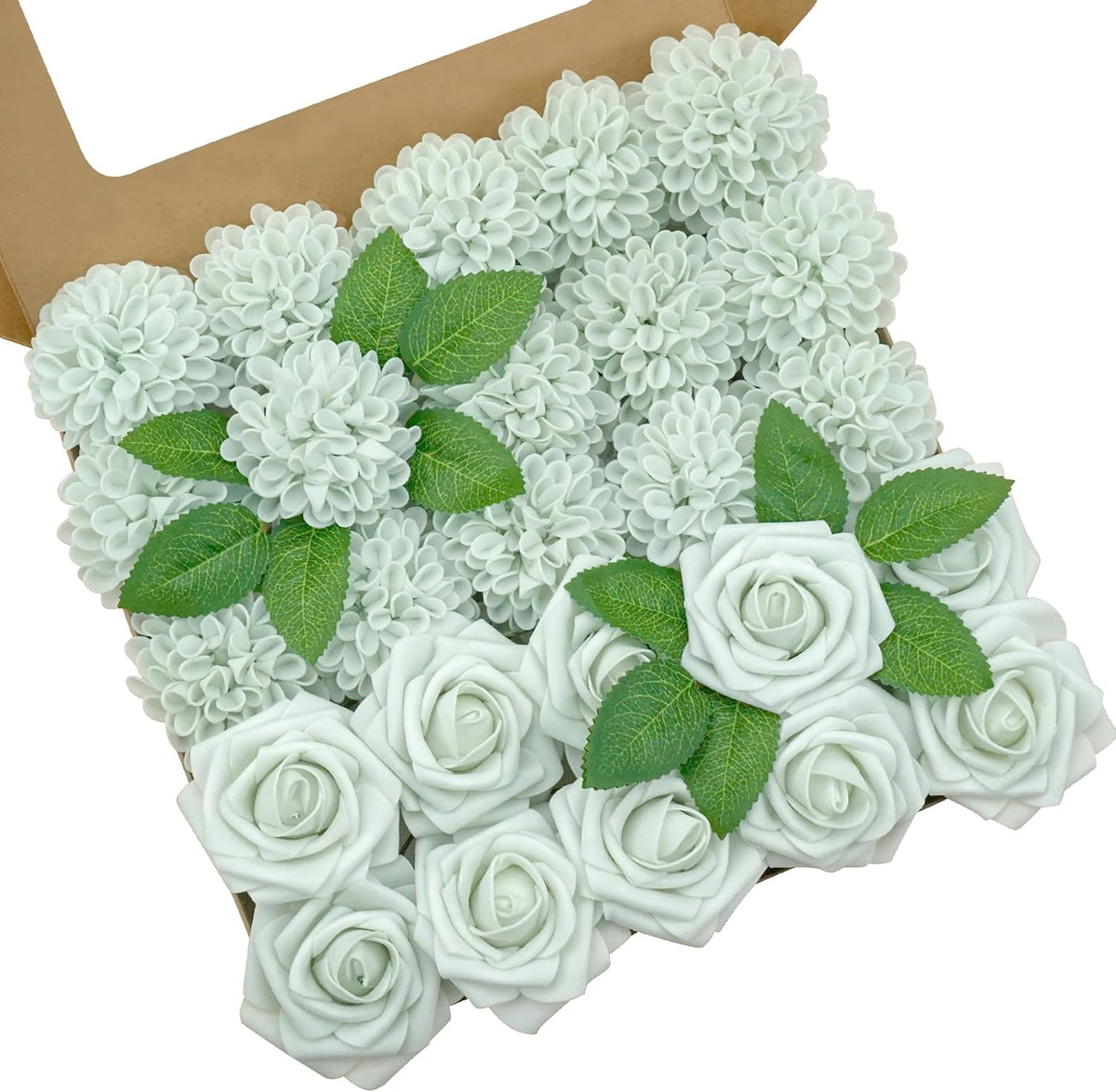 Artificial Flowers, Realistic 50 Pcs Artificial Rose for DIY Wedding Bouquets Centerpieces Arrangements, Sage Green Dahlia Flowers with Stem for Bridal Shower Party Home Decorations