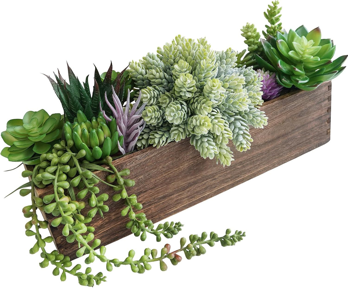 Winlyn 14" Artificial Lavender Flowers Plants in Rectangular Wooden Planter Box Faux Frosted Lavender Potted Arrangements Floral Centerpiece for Farmhouse Home Wedding Table Centerpiece Mantel Décor