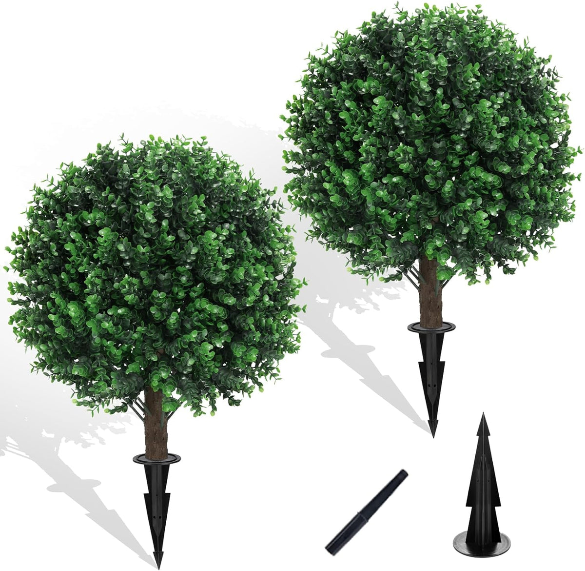 Artificial Boxwood Topiary Ball Bush for Outdoor with Spike, Set of 2 UV Resistant Faux Boxwood Ball Tree with Stake, Weatherproof Fake Round Topiary Shrub Plant for Front Porch Planter