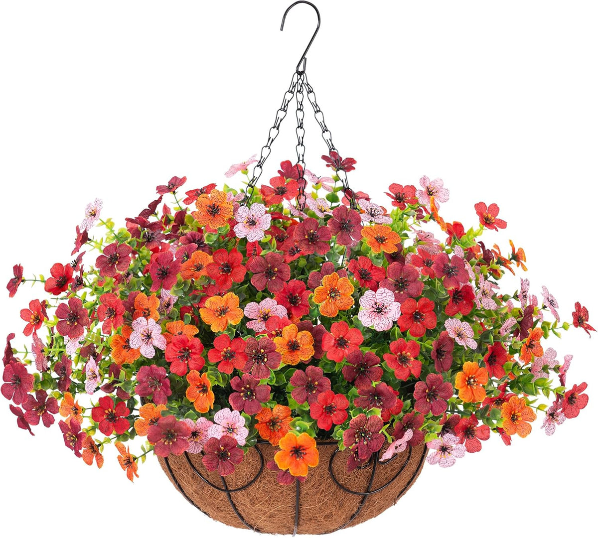 Artificial Faux Hanging Plants Flowers Basket for Spring Outdoor Decoration, Fake Silk Daisy UV Resistant Look Real with Eucalyptus Leaves Summer Outside Decor for Home Patio Garden