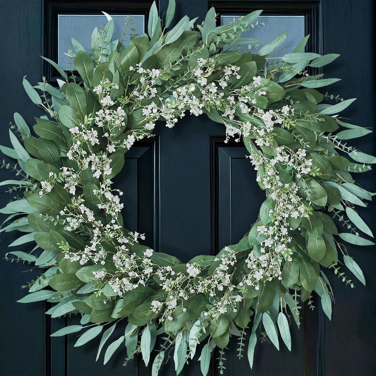 26" Eucalyptus and Babys Breath Flowers Wreath for Front Door - Large Artificial Greenery Outdoor Wreath for Porch, Window, Farmhouse, Home, Hanging Decor- Spring, Summer, All Seasons (Green-White)