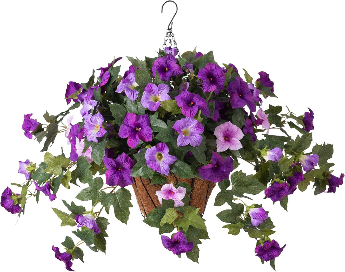 Artificial Petunia Flowers with Hanging Basket for Outdoors, 3 Pcs Fake Hanging Flowers UV Resistant Faux Silk Plants in Basket for Garden Porch Yard Patio Realistic Home Spring Decor(Purple Fuchsia)