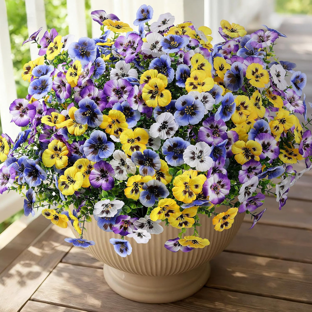 Alupssuc 24 Bundles Artificial Flowers for Outdoors, Fake Spring Flowers for Decoration, UV Resistant Realistic Pansies with Eucalyptus Silk Faux Flowers for Porch Patio Yard, Purple Yellow White