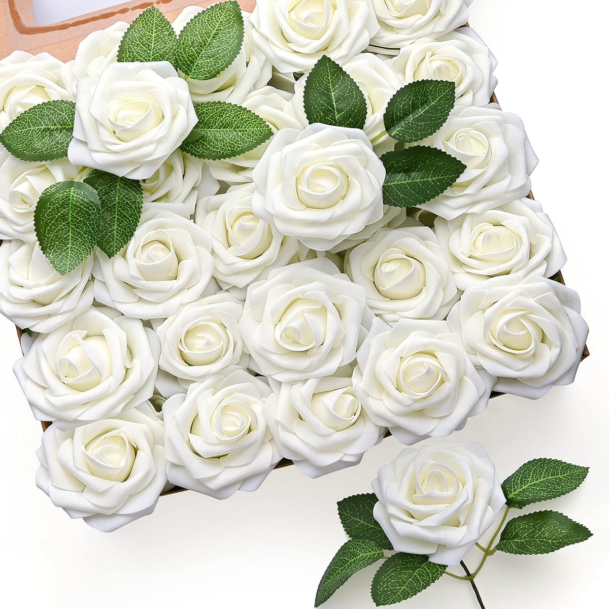 Mocoosy 50Pcs Rose Artificial Flowers, Lavender Fake Roses for Decorations, Purple Foam Fake Flowers with Stem for DIY Wedding Bouquet Bridal Shower Mother's Day Floral Arrangement Party Home Decor