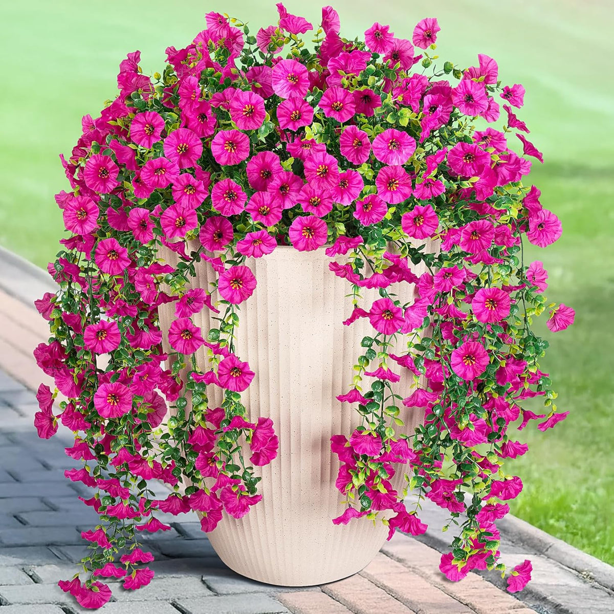 Artificial Hanging Petunia Flowers for Outdoor, 4 Pcs Fake Plants Long Vine Morning Glory Eucalyptus, UV Resistant Realistic Faux Greenery Indoor and Outdoor Patio Porch Garden Spring Summer Decor, Purple