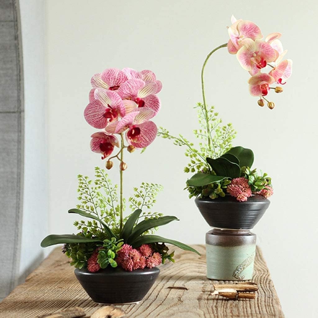 Artificial Flower Waterproof Faux Orchids Plastic Leaves Artificial Phalaenopsis Flowers with Porcelain Vase Artificial Flowers Decoration Beautiful Shape,