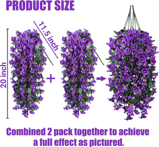 Artificial Fake Hanging Flowers Plants for Outdoor Outside Spring Summer Decoration 2PCS Faux Silk UV Resistant Realistic Morning Glory Trailing Vines for Home Porch Patio Balcony(Purple)