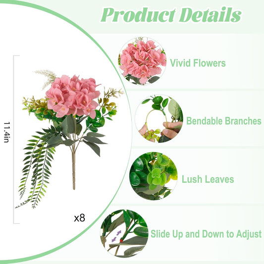 Artificial Hydrangea Flowers Silk Champagne Fake Flower with Eucalyptus for Outdoor Decorations UV Resistant Realistic Faux Plants for Garden Porch Window Box Indoor Table Decor