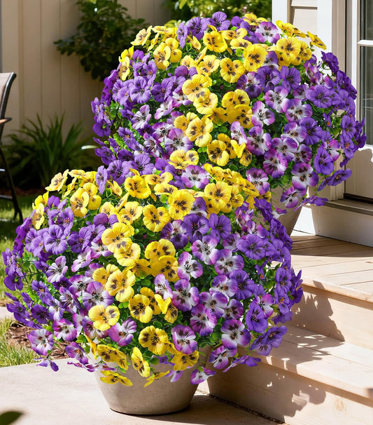 Ivydale 20 Pcs Artificial Fake Pansy Flowers for Outdoors Spring Decor, Faux Silk Pansies UV Resistant Plants for Front Door Porch Yard Patio Window Box Home Decor (Purple Yellow Gradient Purple)