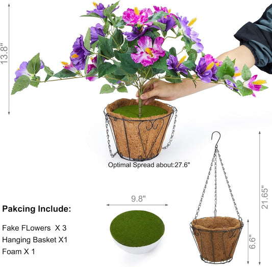 INXUGAO Artificial Flowers for Outdoors Indoors, 3 Bunches Fake Hibiscus with Hanging Basket Realistic UV Resistant Silk Flower Leaves, Faux Plant for Outside Home Patio Garden Poch (Purple, Fuchsia)