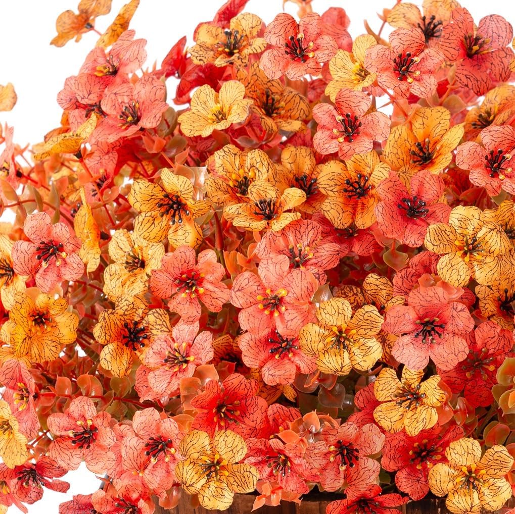 Artificial Fall Flowers Fake Mums for Outdoor Autumn Decoration, 12 Bundles Faux Silk Orange Yellow Mums Daisy Look Real UV Resistant for Outside Home Porch Patio Planter