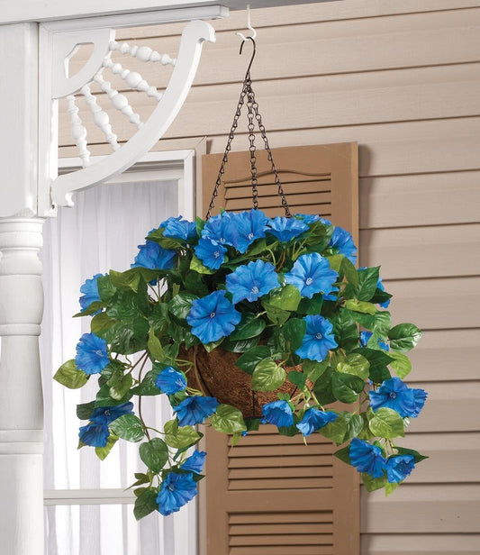 OakRidge Miles Kimball Fully Assembled Artificial Petunia Flower Hanging Basket, 10” Diameter and 18” Chain – Polyester/Plastic Flowers in Metal and Coco Fiber Liner Basket for Indoor/Outdoor Use