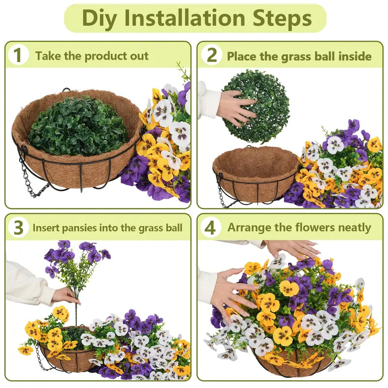 2 Pcs Autumn Pansy Artificial Hanging Flower Baskets for Front Porch, Garden and Patio Decor