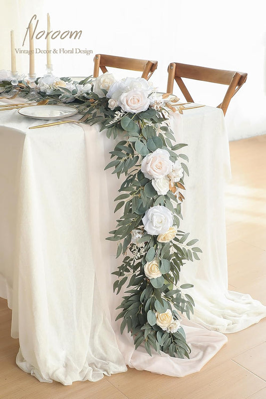 Floroom 6ft Artificial Eucalyptus Garland with Flowers Fake Greenery Faux Floral Vine Garland for Table Decor Wedding Centerpieces Bridal Shower Party Decorations, Cream White