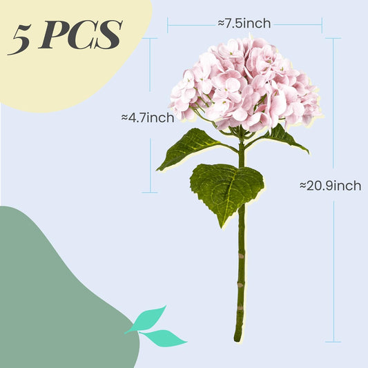 💐 21In Pink Artificial Hydrangea Flowers 5 Pcs Real Touch 3D Print Latex Flowers for Wedding Centerpieces Bouquets DIY Floral Decor Home Decoration with Stems