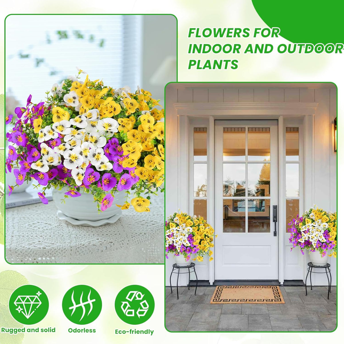 Alotiki Artificial Pansies for Outdoors, 24 Bundles Faux Silk Pansies Flowers UV Resistant Silk, Artificial Flowers for Porch Yard Garden Home Indoor Decor (Purple, White, Yellow)