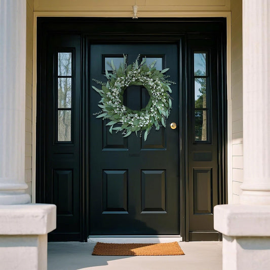 26" Eucalyptus and Babys Breath Flowers Wreath for Front Door - Large Artificial Greenery Outdoor Wreath for Porch, Window, Farmhouse, Home, Hanging Decor- Spring, Summer, All Seasons (Green-White)