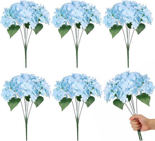 Auihiay 6 Bundles Hydrangea Artificial Flowers for Outdoors and Indoor, Bulk 30 Heads, UV Resistant Faux Hydrangea Flowers for Garden, Porch, Yard, Window Box & Outdoor Wedding Decoration (Blue)