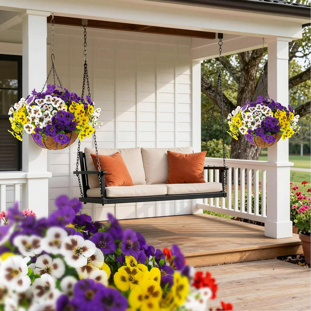 lovemoon 2 Sets Artificial Hanging Pansy Flowers with Baskets, 24 Pcs UV Resistant Faux Silk Pansy Outdoor Hanging Flower for Porch Patio Garden Home Spring Decor (2, White, Yellow, Purple)