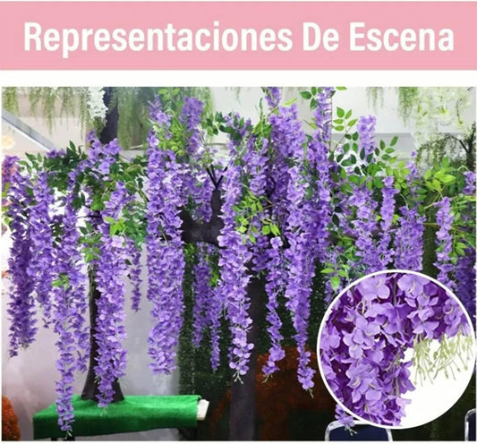 14PCS Artificial Wisteria Hanging Flowers, Six Leaf Blue Garland Silk Flowers Decoration, 43 Feet Fake Wisteria Vine Rattan String for Home Office Wedding Wall Garden Outdoor Party