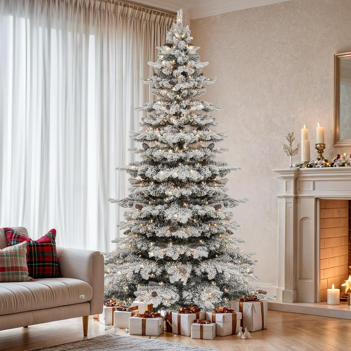 Serene Prelit Flocked Remote Artificial Holiday Decor Kit
