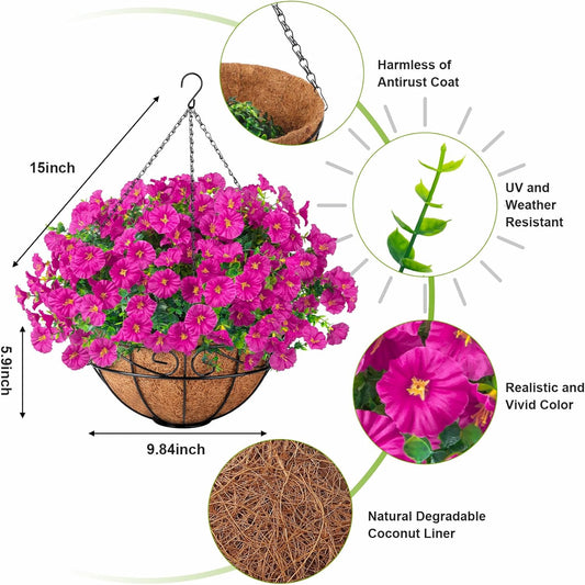Ouddy Decor Artificial Hanging Plants Flowers Basket for Spring Summer Outdoor Decor, Fake Hanging Flowers Faux Silk Morning Glory UV Resistant for Patio Yard Porch Garden Home Decorations, Fuchsia