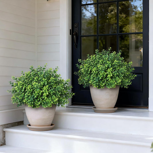 Set of 2 Artificial Boxwood Topiary Trees for Front Door - Faux Realistic Greenery Potted Plants, Fake Outdoor UV-Resistant Bushes with Pots for Porch, Farmhouse, Home, Garden Decor