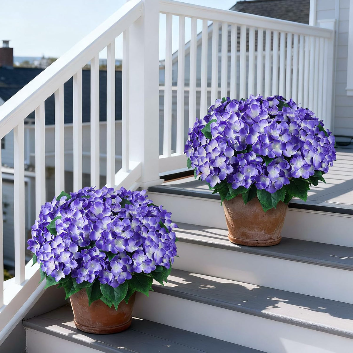 FOTEEWL Artificial Hydrangea Flower Topiary Trees - 2 Sets Faux Silk Flower Potted Plant, UV Resistant Fake Outdoor Hydrangea Bush for Front Door, Farmhouse, Garden, Porch Decor (Purple)