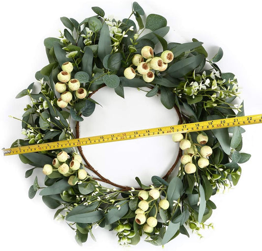 JINGHONG Eucalyptus Wreaths for Front Door 20 Inch Green Home Decor for Wall Porch Window Spring Summer Wreath with Big Berries for All Seasons Winter Christmas