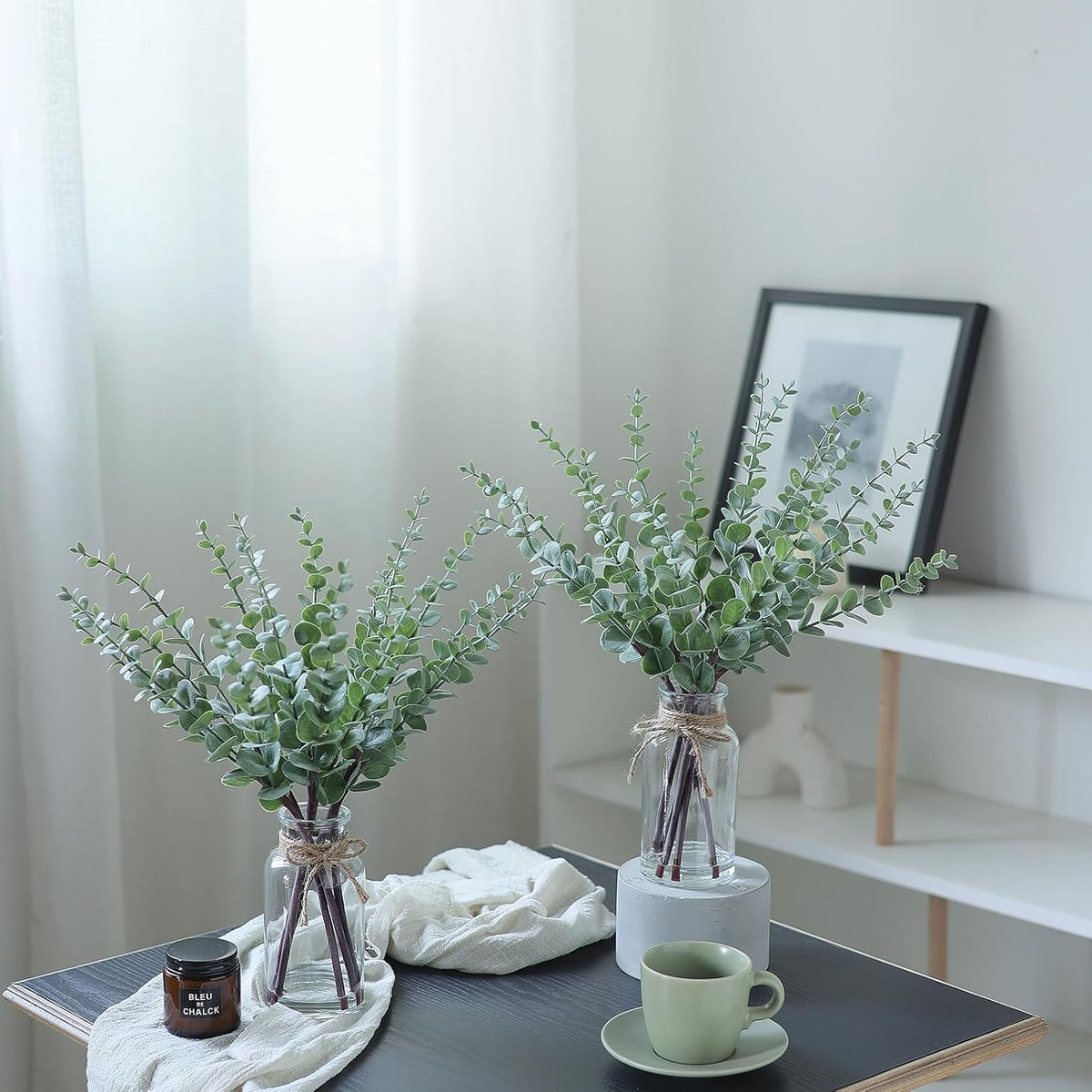 VIERENA 17.5" Artificial Eucalyptus Stems in Glass Vase with Faux Water, Fake Plant Eucalyptus Leaves White Seeds for Centerpiece Table Decorations Farmhouse Wedding Home Greenery Decor (Sage Green)