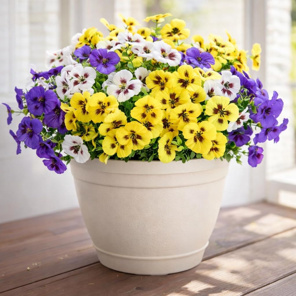 Artificial Pansies Flowers for Outdoors, 12 Pcs Faux Silk Pansy Flower UV Resistant Fake Plants for Outside Planter Porch Yard Patio Home Decor, Yellow White Purple, 12