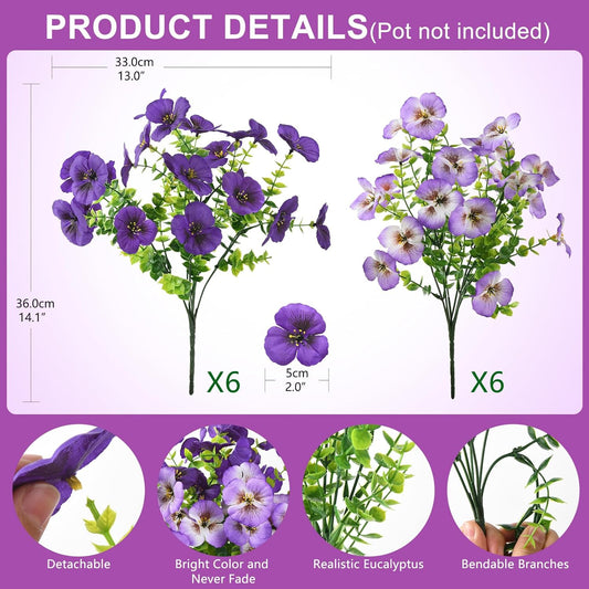 INQCMY Artificial Fake Pansy Flowers for Outdoor, 12 Pcs Faux Silk Pansies Flower for Spring Summer Decoration, UV Resistant Fake Plants for Outside Planter Porch Yard Patio Home Decor(Double Purple)