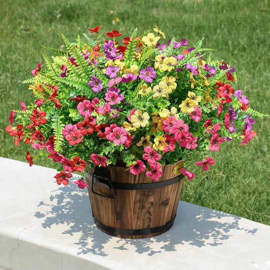 HyeFlora Artificial Faux Outdoor Flowers Plants for Summer Outside Decoration, 14 Bundles Fake Silk Colorful Daisy Ferns UV Resistant Realistic for Front Door Porch Planter Patio Yard