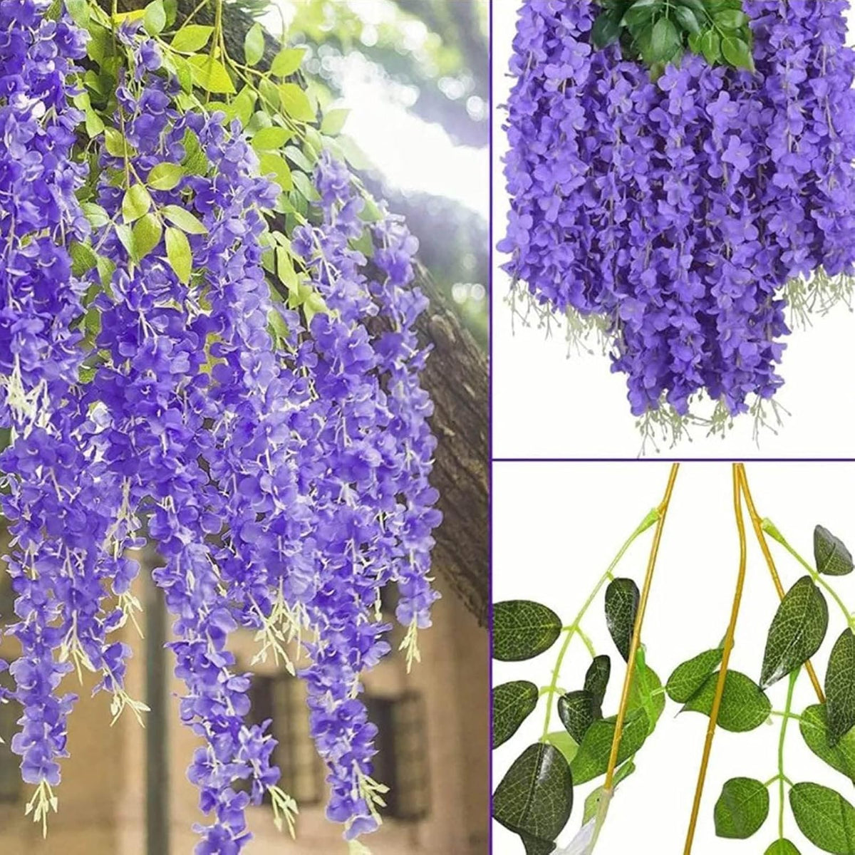 14PCS Artificial Wisteria Hanging Flowers, Six Leaf Blue Garland Silk Flowers Decoration, 43 Feet Fake Wisteria Vine Rattan String for Home Office Wedding Wall Garden Outdoor Party