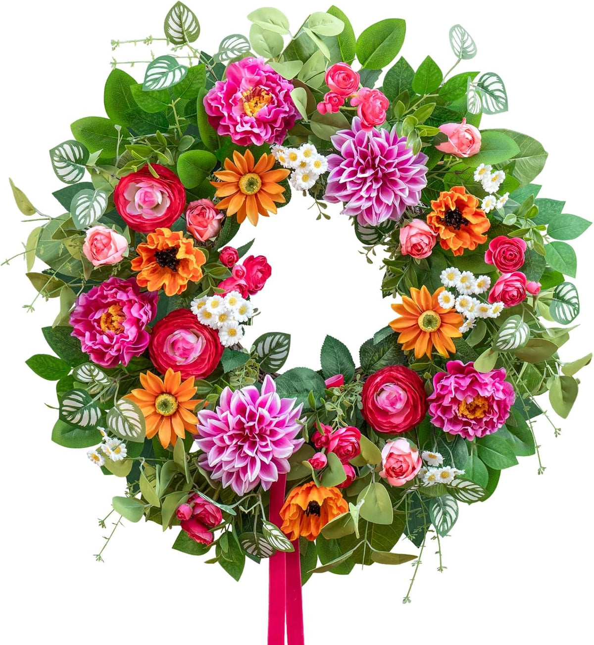 24 Inch Spring Summer Wreath for Front Door with Dahlia, Peony & Daisy Floral Decor
