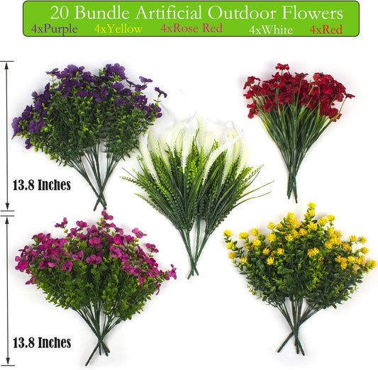 Lifelike Artificial Flowers Outdoor UV Resistant, 20-Pack Weatherproof Fade-Resistant Fake Hanging Plants for Garden Porch Decor - Realistic Mixed Colors in Hanging Baskets (Outdoor Use Verified)