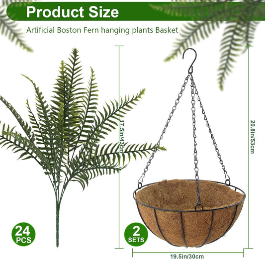 Fake Ferns Hanging Baskets, 2 Pcs Artificial Hanging Plants Outdoor, 2 Hanging Planters with 24 Pcs Fake Ferns for Indoor and Outdoor Decorations for Front Porch Garden Balcony Patio Home Decor (2, Green)