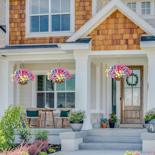 Artificial Fake Hanging Flowers Baskets for Outdoors Faux Plants Spring Outside Decor, UV Resistant Silk Morning Glory Flowers in Planter Realistic Petunias for Outdoor Porch Patio Garden Yard Home