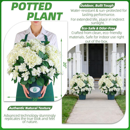 QIANYUN Artificial Topiary for Outdoors -20” Potted Plant Fake Hydrangea Bush-UV Resistant Artificial Outdoor Plants for Front Porch, Garden, Yard, Patio Decor (White)