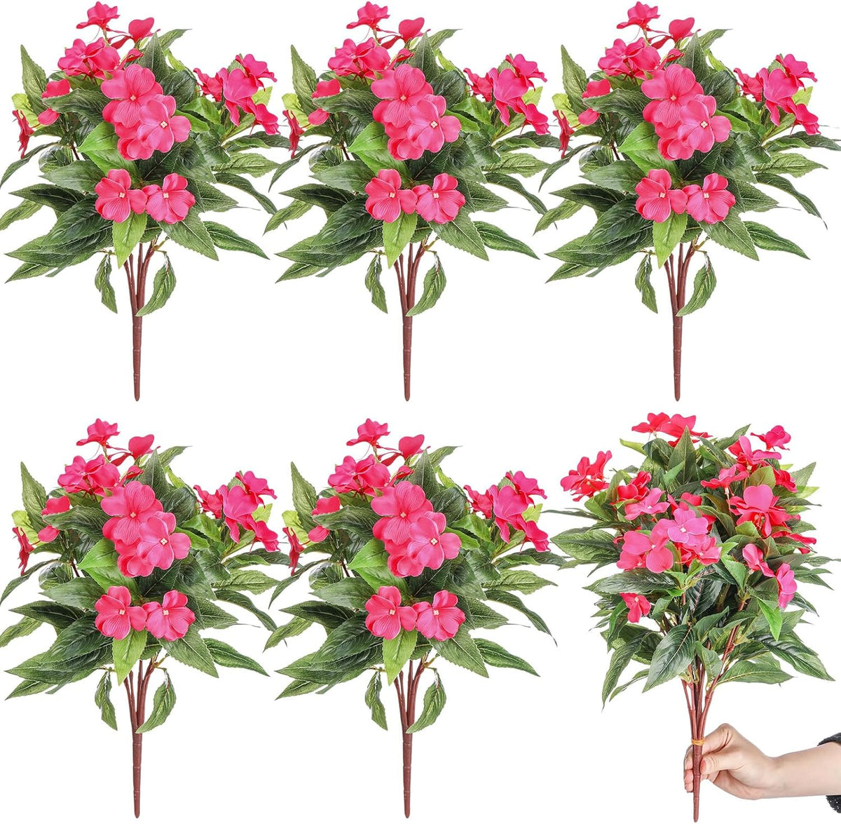 Wavwavw 6 Pcs Artificial Impatiens Bouquet Flowers for Outdoors 15 Inch Silk Flowers Greenery Artificial Impatiens for Outdoor Patio Lawn Garden Balcony Pot Hanging Basket Porch Decoration(Rose Red)