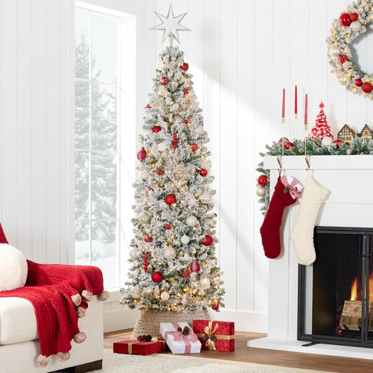 Timeless Prelit Flocked Pencil Warm Holiday Decor Set