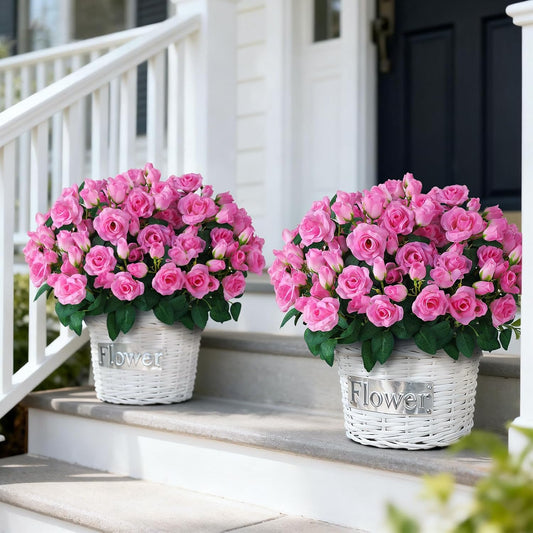 2 Set of Artificial Rose Topiary Trees - Faux Silk Flower Potted Plant, UV Resistant Fake Outdoor Rose Bush for Front Door, Farmhouse, Porch, Garden Decor (Pink)