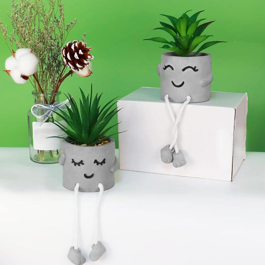 Zerzsy Faux Succulents in Cement Pots with Hanging Leg, Potted Mini Fake Plants for Desk Decor, Kitchen Shelf Decor, Office Decoration for Women, Bathroom Shelf Plants Decoration- Set of 2