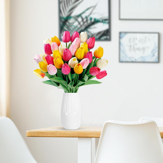 Sggvecsy 30 Pcs Fake Tulips Artificial Flowers Real Touch PU Faux Flowers Tulip Stems for Wedding Spring Bouquet Floral Arrangement Home Office Party Decorations for Mother's Day (Multi Colors)