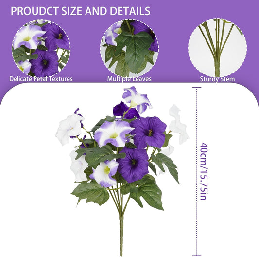Artificial Flowers for Outdoors, Faux Petunias Spring Summer Decoration, Fake Flowers Plants UV Resistant Look Real Silk Flowers for Outside Planter Front Door Porch Patio Yard (6, Purple-White)